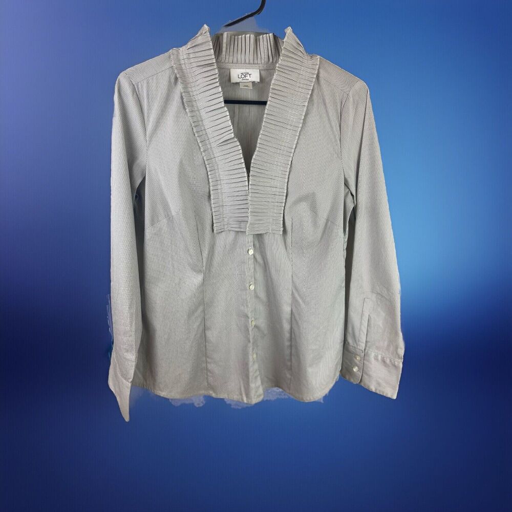 Ann Taylor Loft Ruffle Front Gray Striped Blouse Size 10 Petite